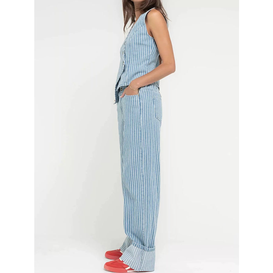 Striped Button Up Sleeveless Top and Jeans Denim Set Apparel and Accessories
