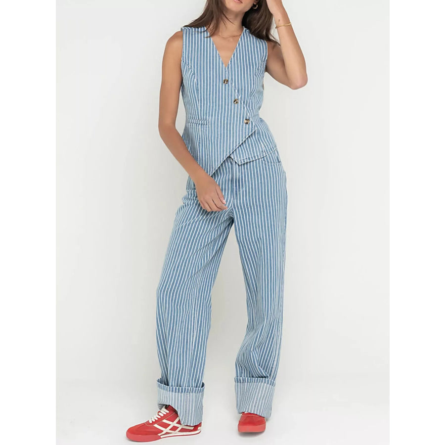 Striped Button Up Sleeveless Top and Jeans Denim Set Light Blue / S Apparel and Accessories