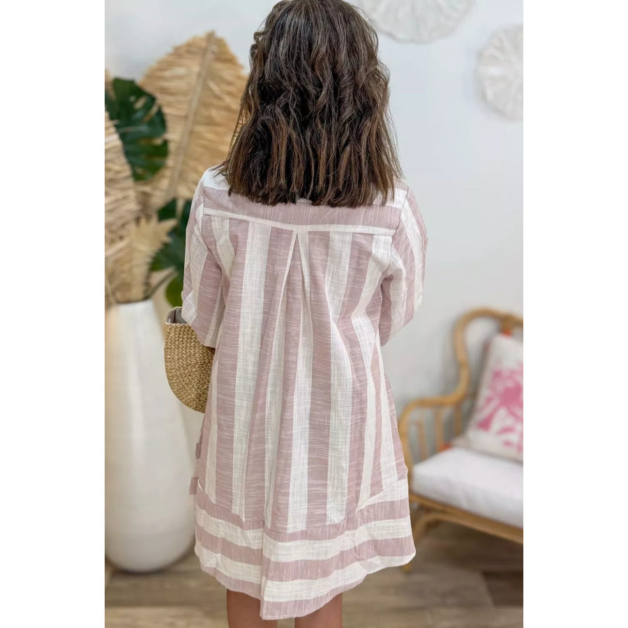 Striped Button-Up Three-Quarter Sleeve Shift Dress Apparel and Accessories