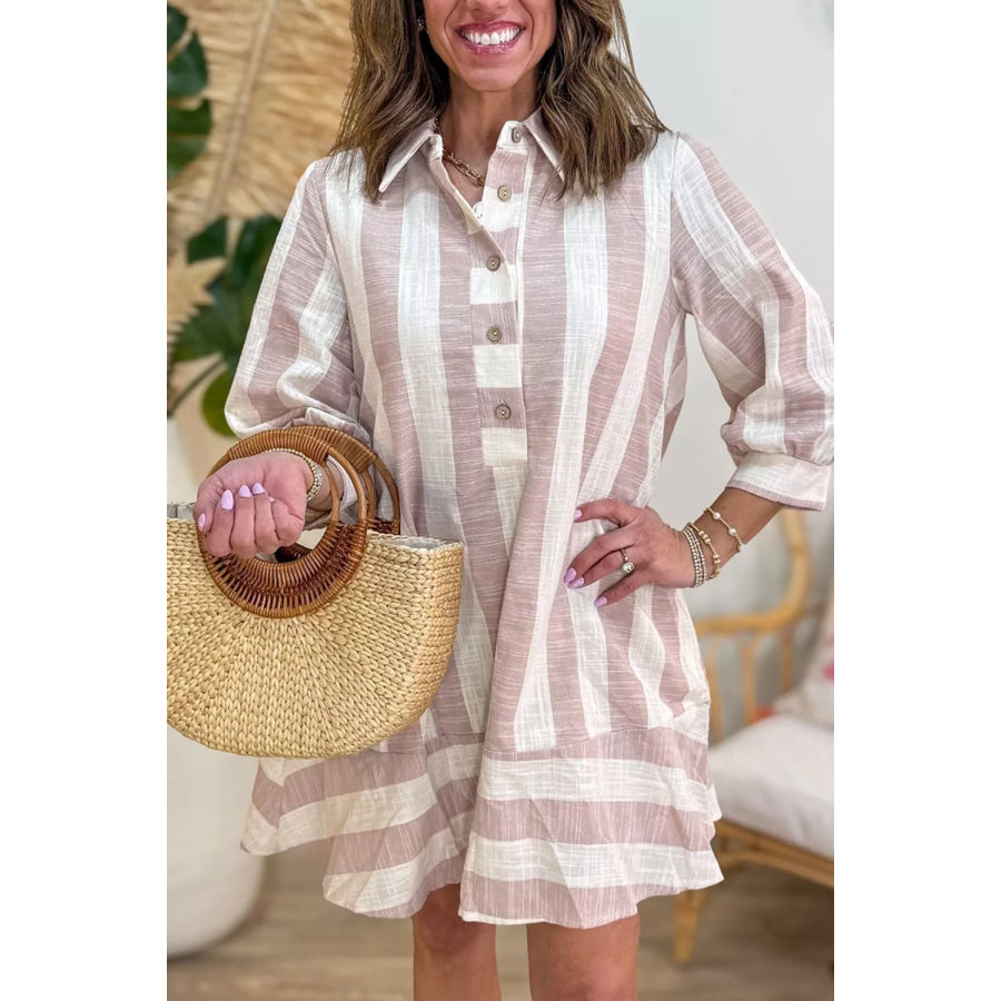 Striped Button-Up Three-Quarter Sleeve Shift Dress Apparel and Accessories