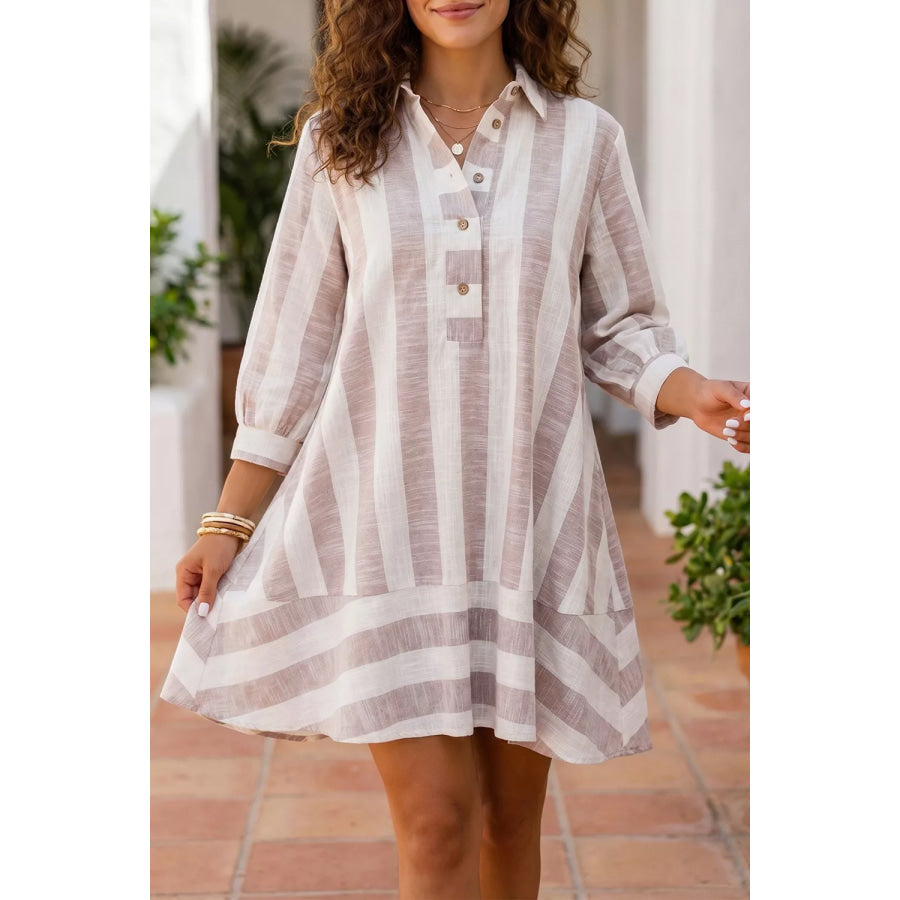 Striped Button-Up Three-Quarter Sleeve Shift Dress Dust Storm / S Apparel and Accessories