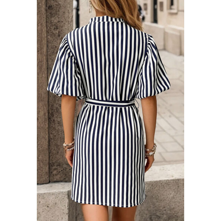 Striped Button Up Tie Waist Mini Dress Navy / S Apparel and Accessories