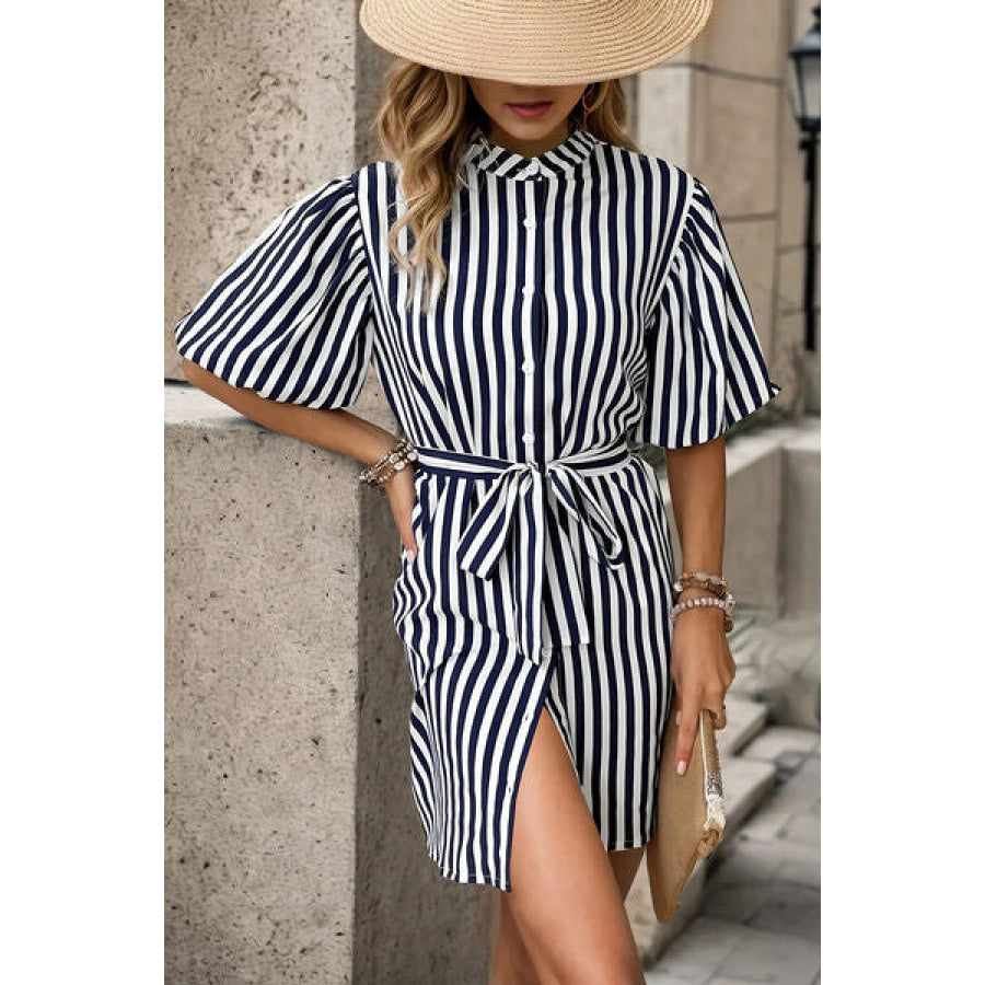 Striped Button Up Tie Waist Mini Dress Navy / S Apparel and Accessories