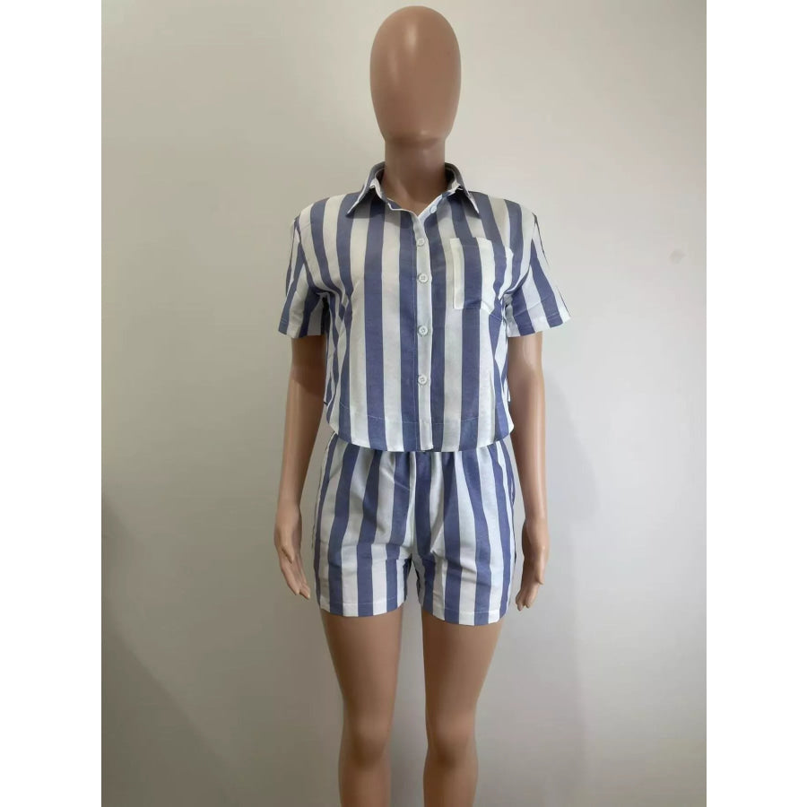 Striped Button Up Top and Shorts Set Apparel and Accessories