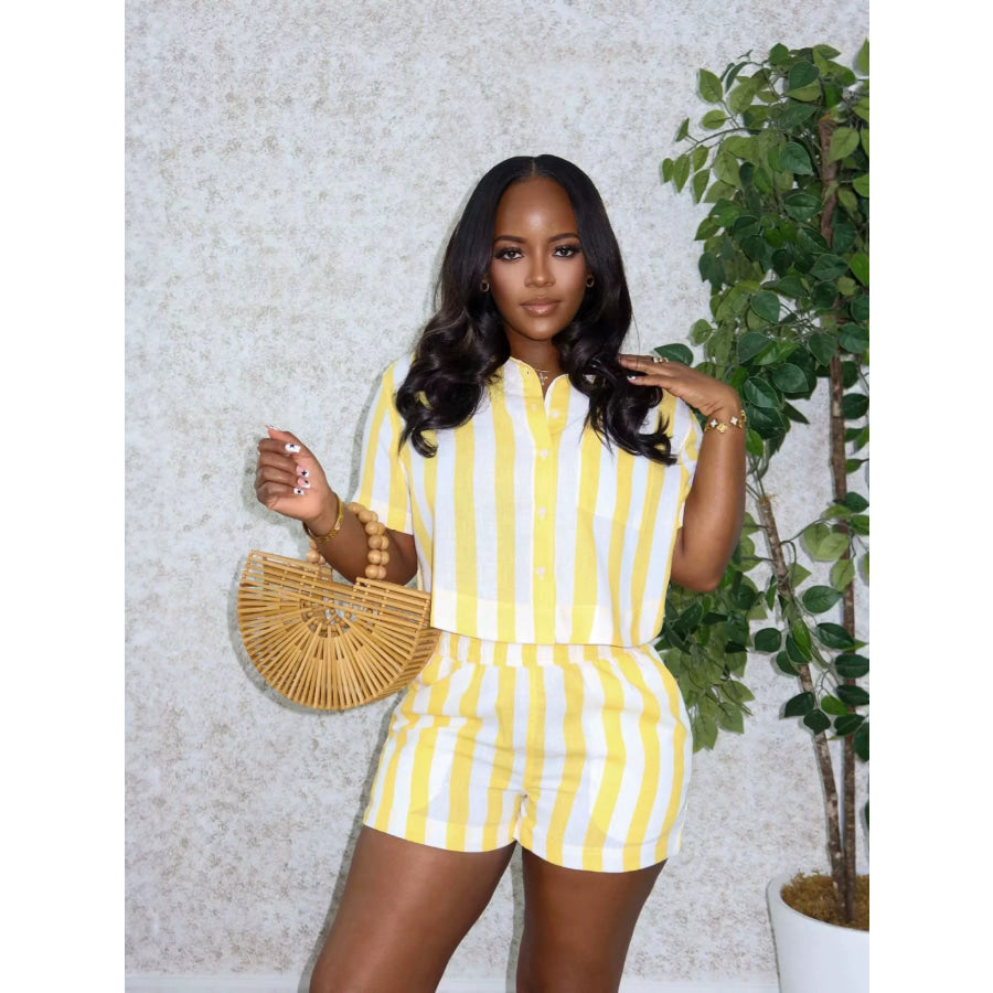 Striped Button Up Top and Shorts Set Yellow / S Apparel and Accessories