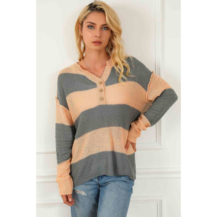 Striped Buttoned Dropped Shoulder Slit Sweater Camel / S