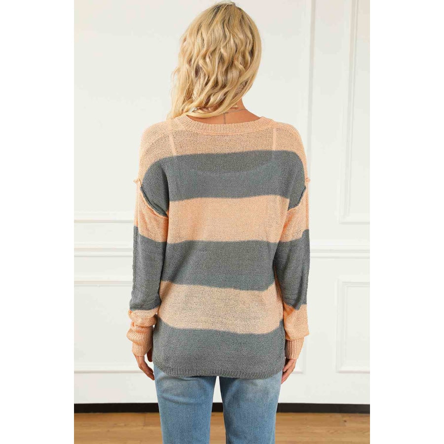 Striped Buttoned Dropped Shoulder Slit Sweater