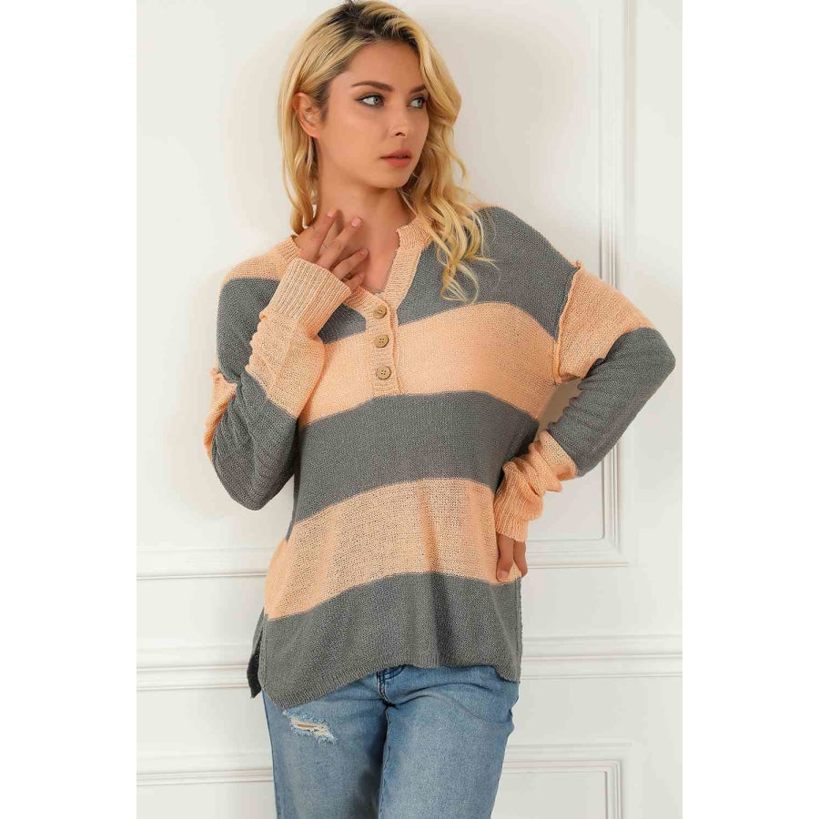 Striped Buttoned Dropped Shoulder Slit Sweater