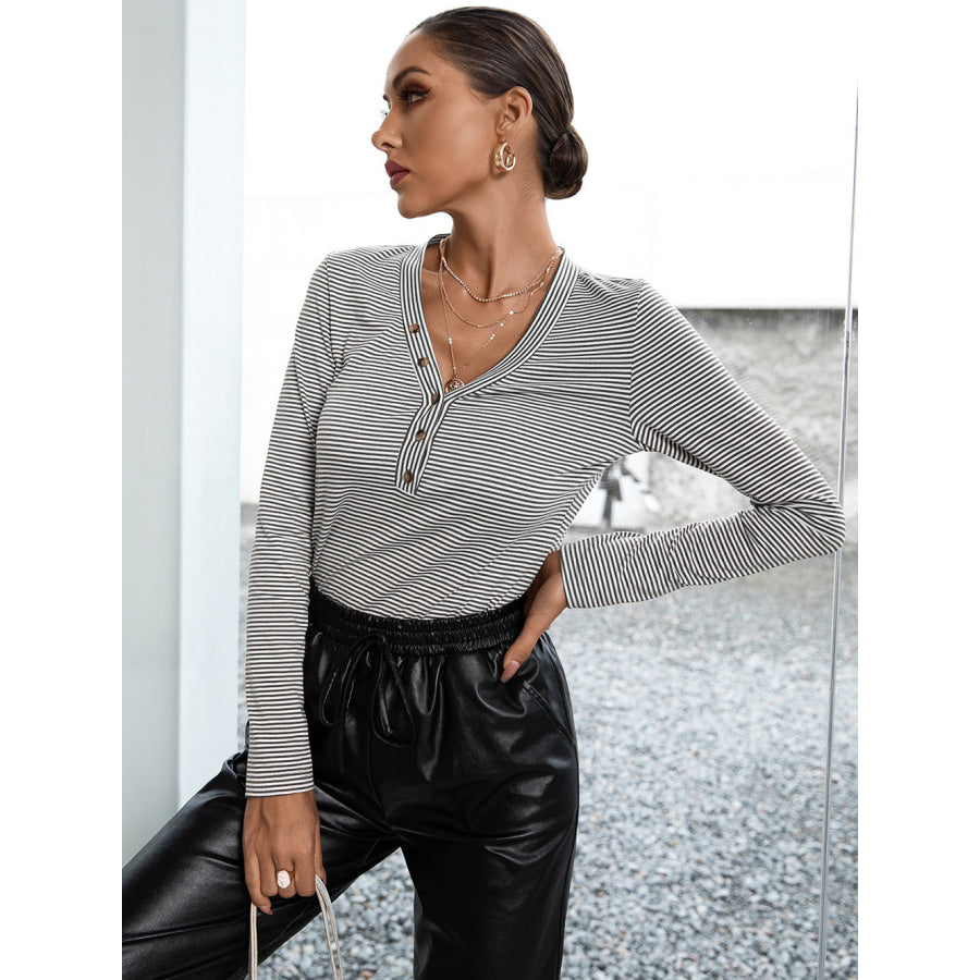 Striped Buttoned V-Neck Long Sleeve Top Charcoal / S