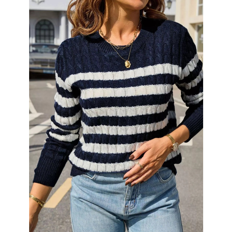 Striped Cable Knit Round Neck Sweater Apparel and Accessories
