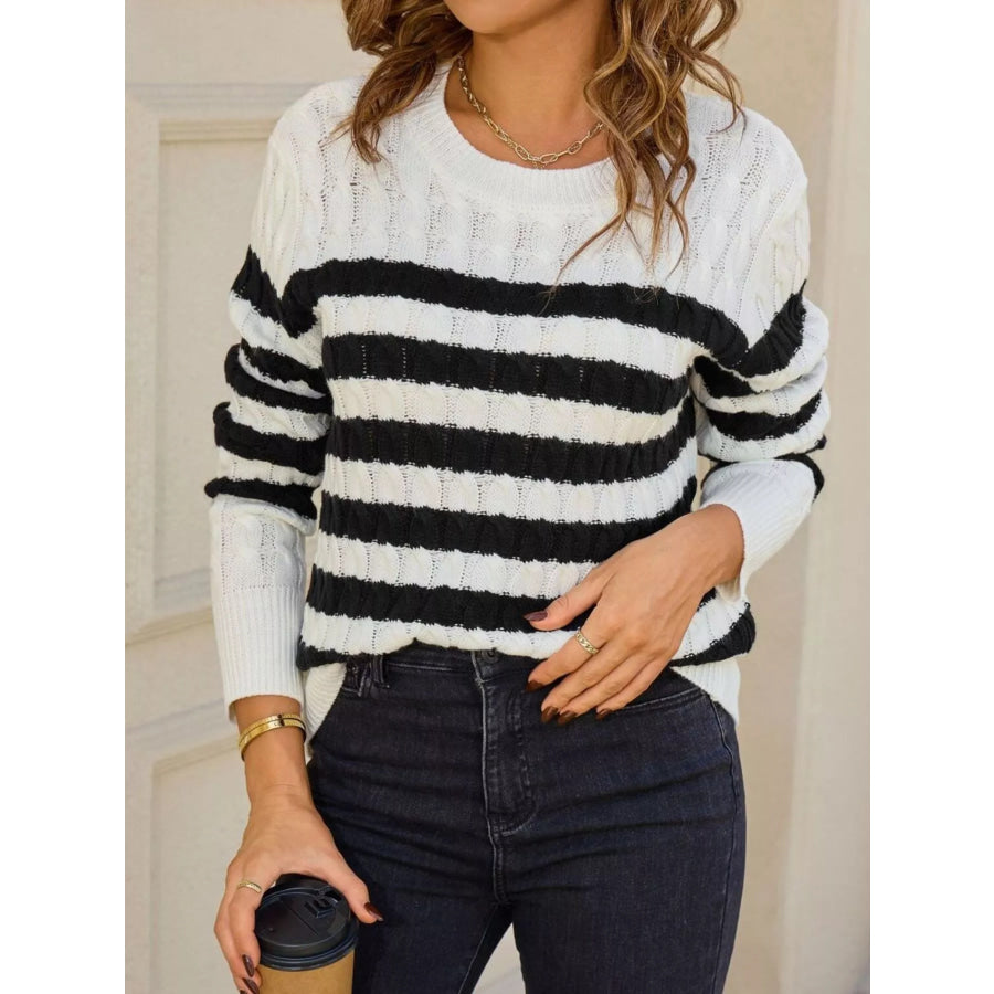 Striped Cable Knit Round Neck Sweater Apparel and Accessories