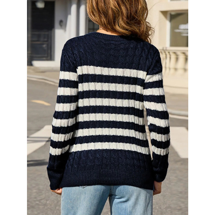 Striped Cable Knit Round Neck Sweater Apparel and Accessories