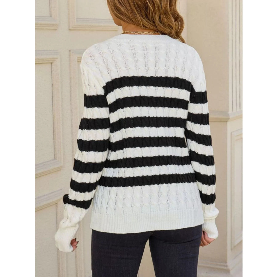 Striped Cable Knit Round Neck Sweater Apparel and Accessories