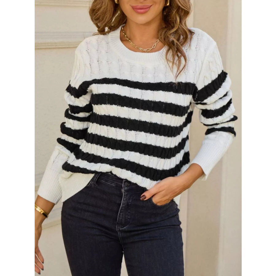 Striped Cable Knit Round Neck Sweater Apparel and Accessories