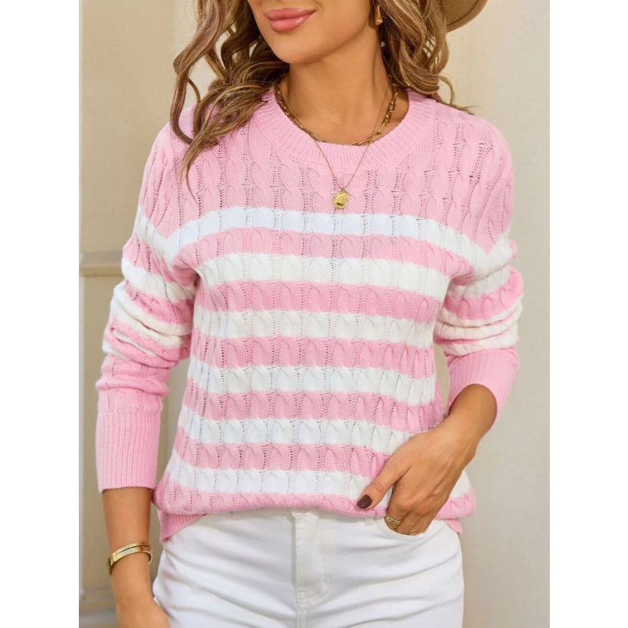 Striped Cable Knit Round Neck Sweater Apparel and Accessories