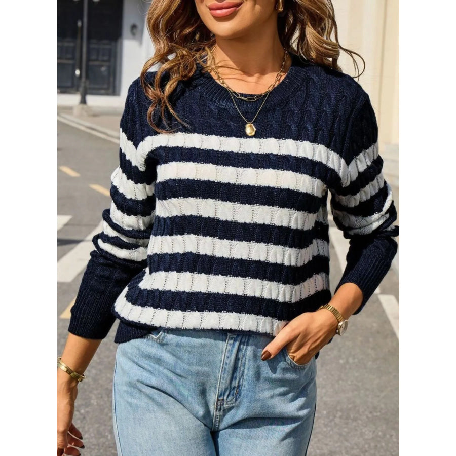 Striped Cable Knit Round Neck Sweater Navy Blue / S Apparel and Accessories