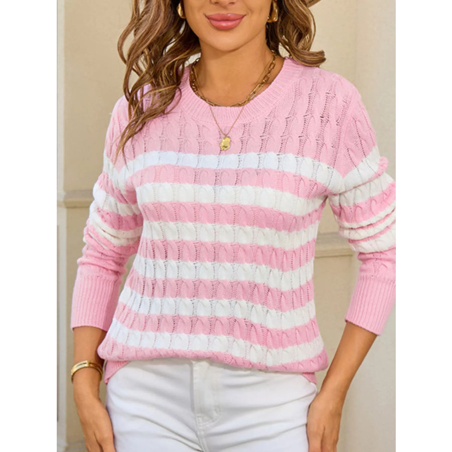 Striped Cable Knit Round Neck Sweater Pink / S Apparel and Accessories