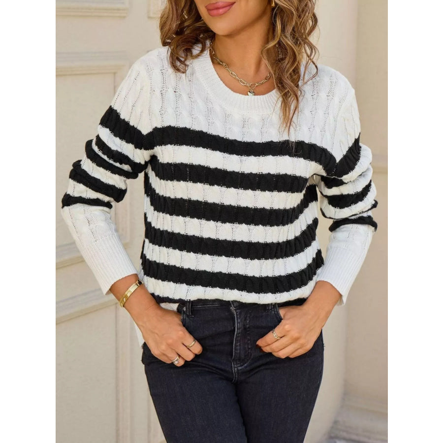 Striped Cable Knit Round Neck Sweater White / S Apparel and Accessories