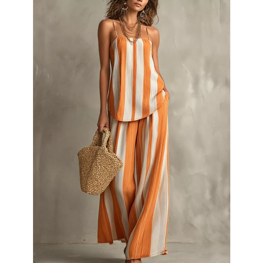 Striped Cami and Wide Leg Pants Set Orange / S Apparel and Accessories