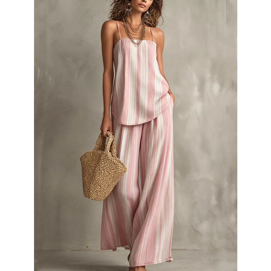 Striped Cami and Wide Leg Pants Set Pink / S Apparel and Accessories