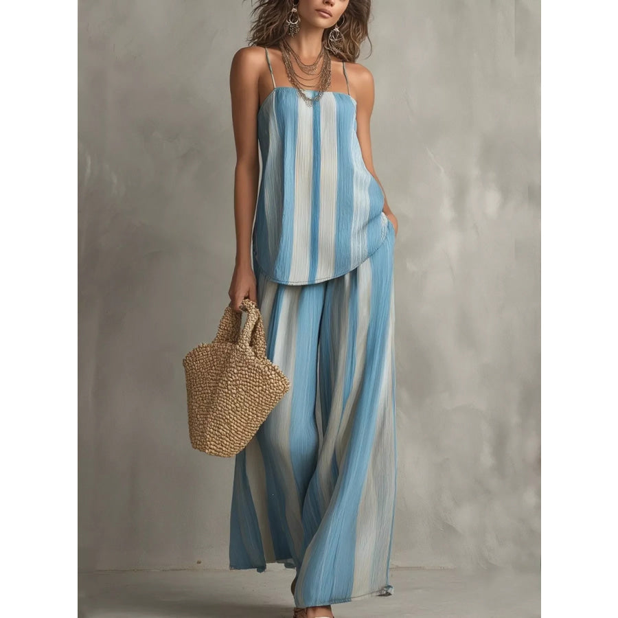 Striped Cami and Wide Leg Pants Set Sky Blue / S Apparel and Accessories