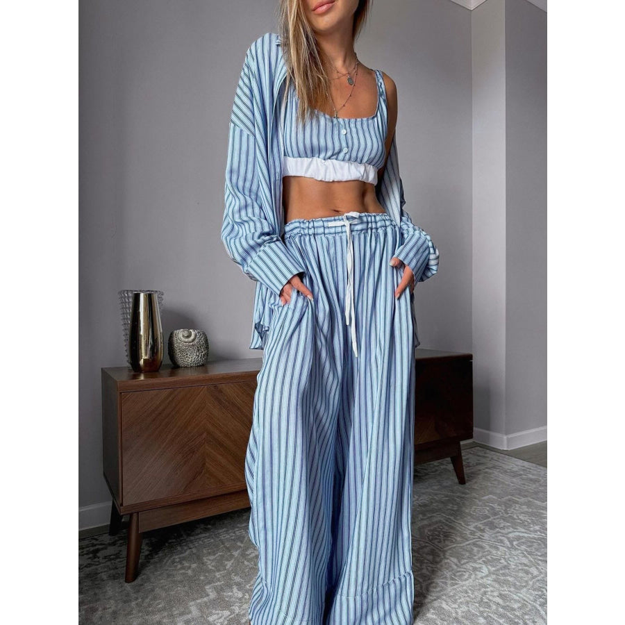 Striped Cami & Shirt and Pants Lounge Set Apparel and Accessories