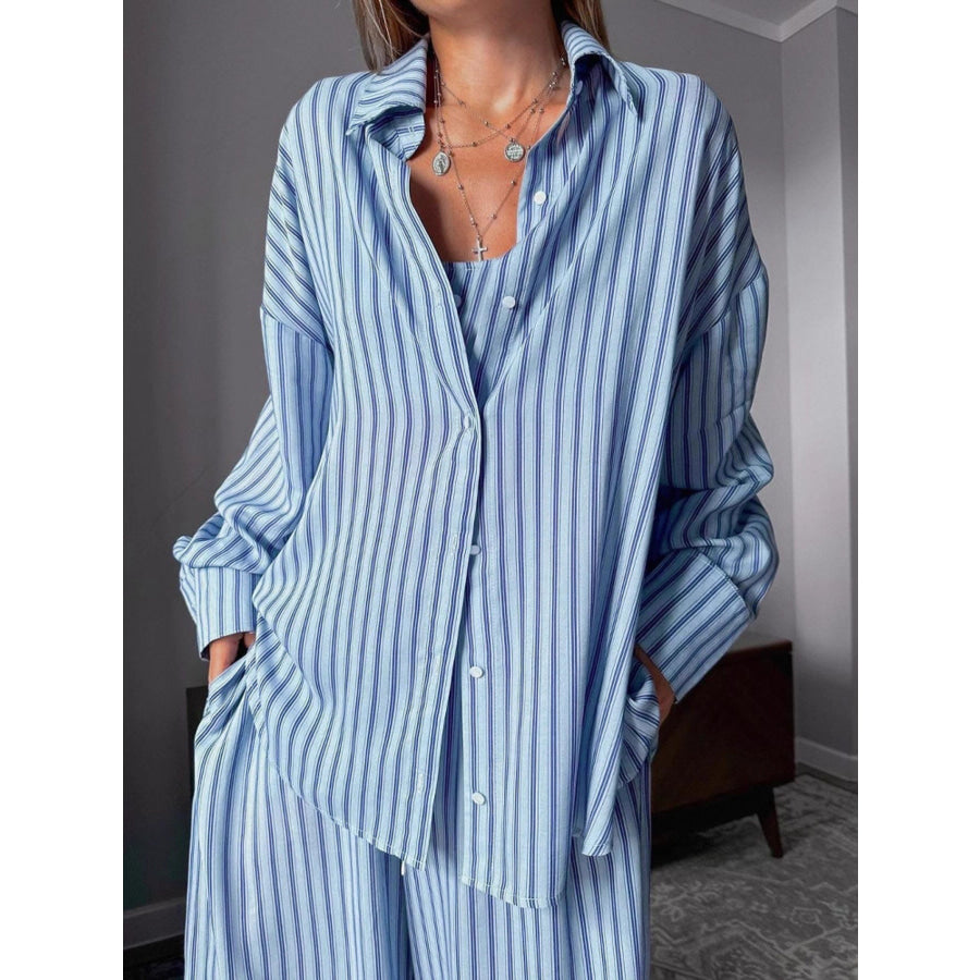 Striped Cami & Shirt and Pants Lounge Set Light Blue / S Apparel and Accessories