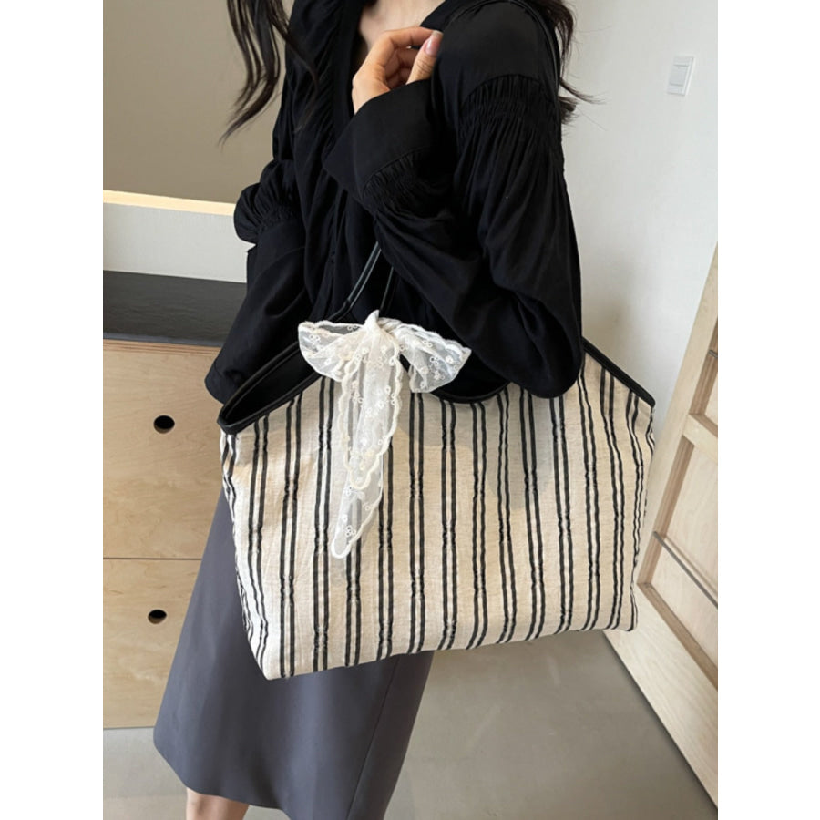 Striped Canvas Tote Bag Beige / One Size Apparel and Accessories