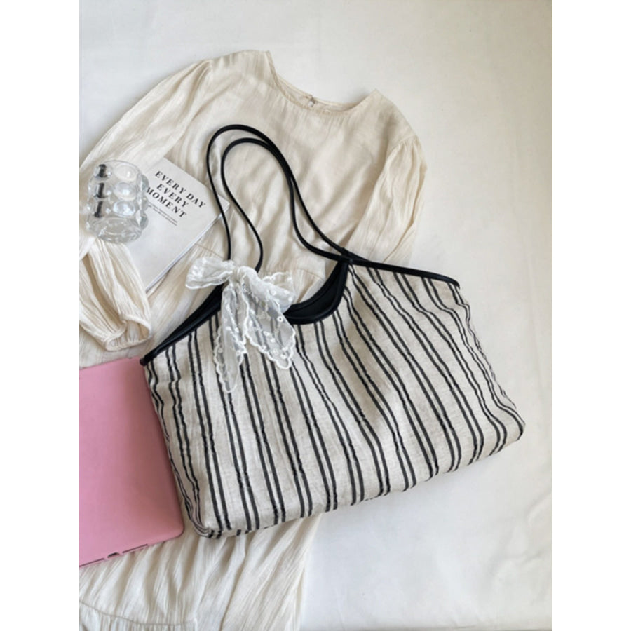 Striped Canvas Tote Bag Beige / One Size Apparel and Accessories