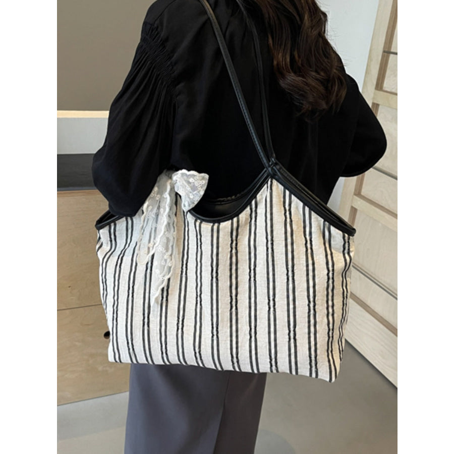 Striped Canvas Tote Bag Beige / One Size Apparel and Accessories