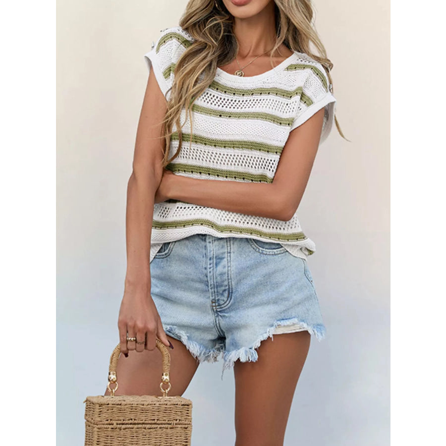 Striped Cap Sleeve Crochet Knit Top Apparel and Accessories