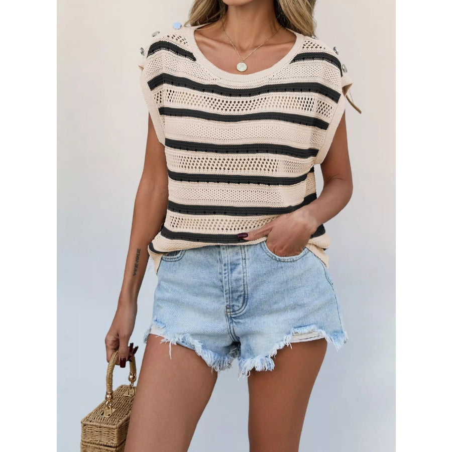 Striped Cap Sleeve Crochet Knit Top Apparel and Accessories