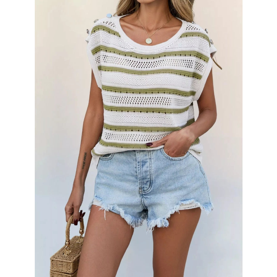 Striped Cap Sleeve Crochet Knit Top Green / S Apparel and Accessories