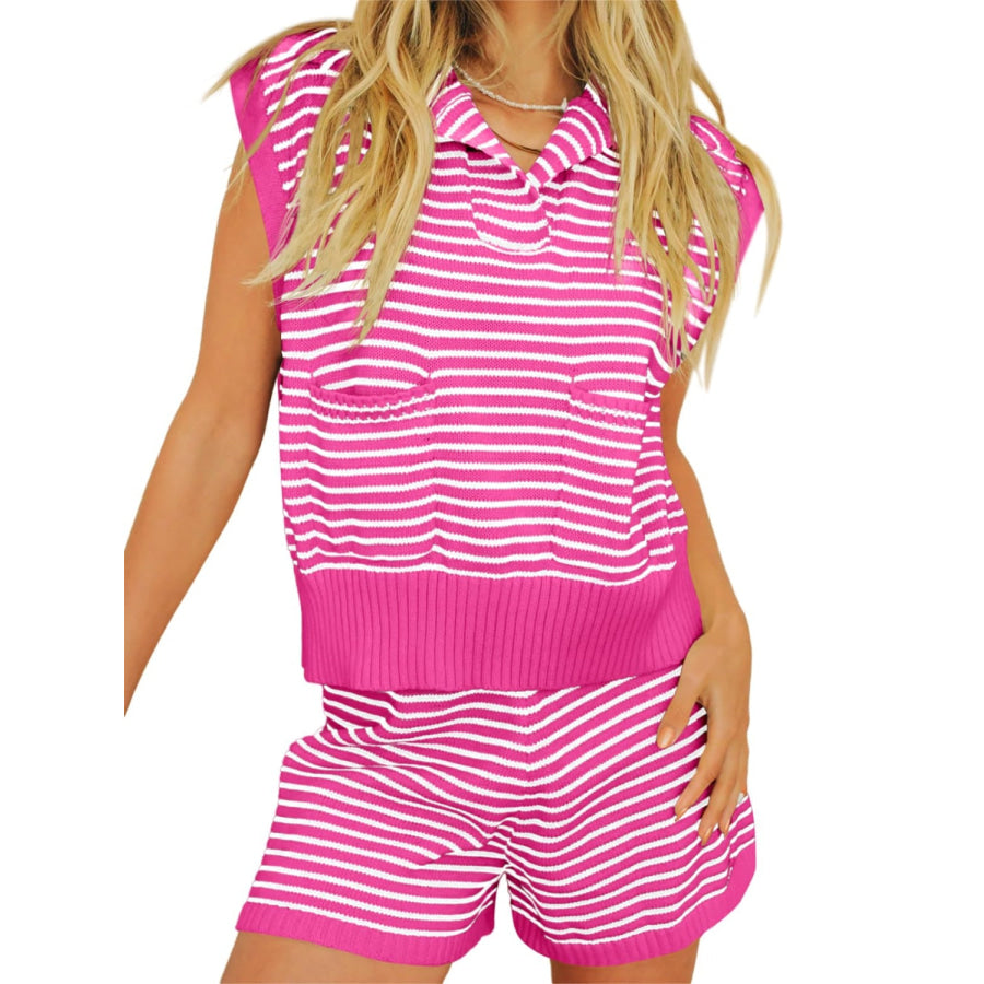 Striped Cap Sleeve Top and Shorts Sweater Set Apparel and Accessories