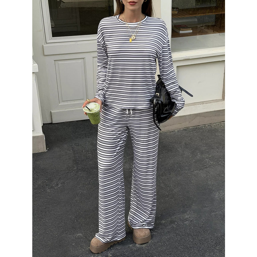 Striped Casual Long Sleeve Top and Wide Leg Pants Set Apparel and Accessories