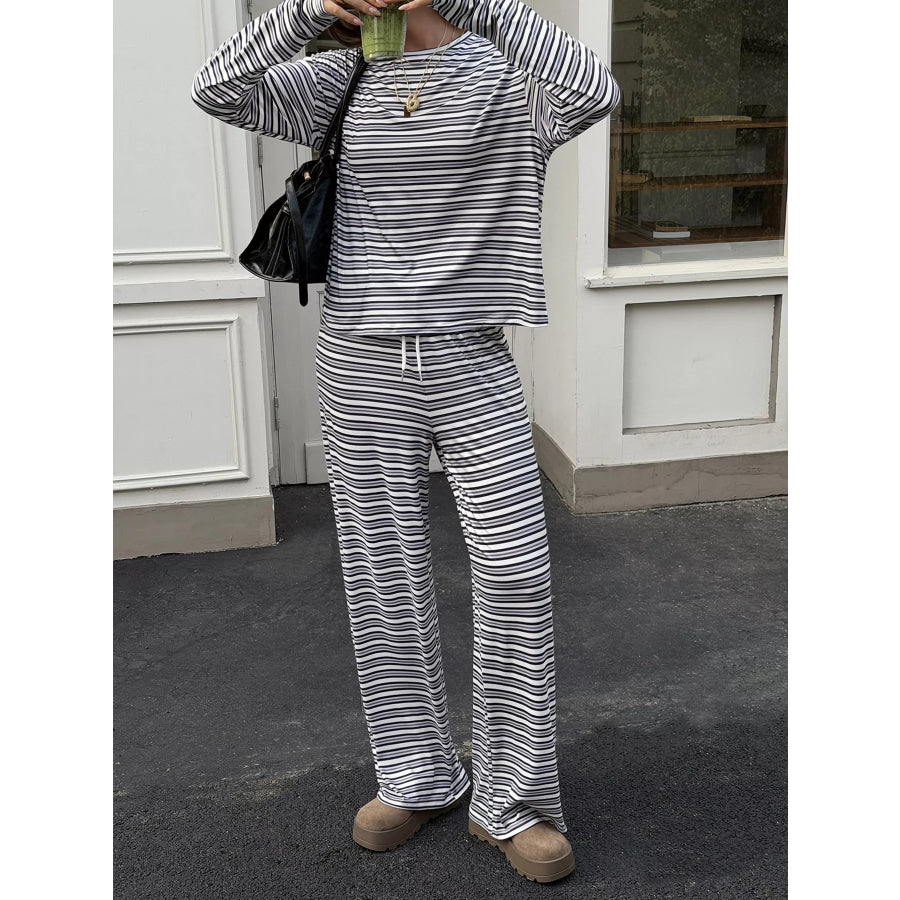 Striped Casual Long Sleeve Top and Wide Leg Pants Set Apparel and Accessories