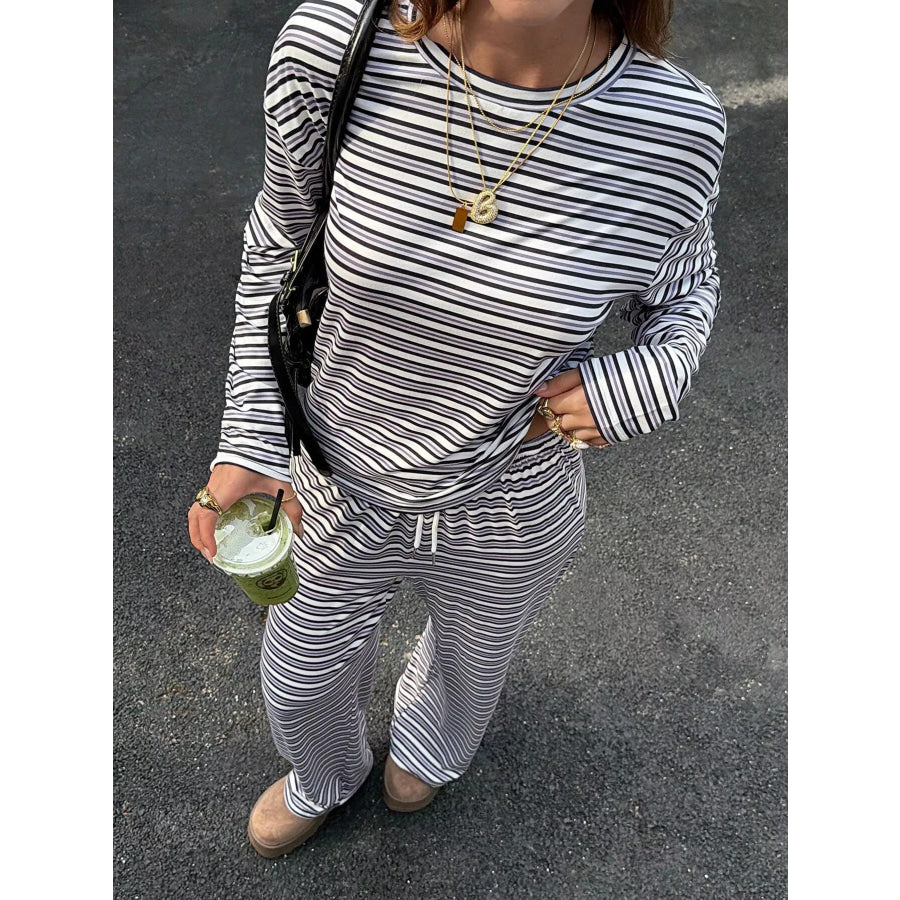 Striped Casual Long Sleeve Top and Wide Leg Pants Set Apparel and Accessories