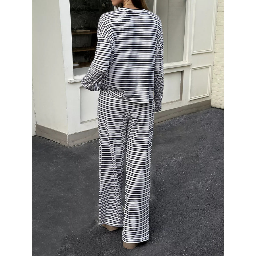Striped Casual Long Sleeve Top and Wide Leg Pants Set Apparel and Accessories