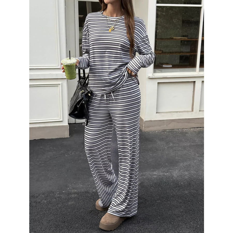 Striped Casual Long Sleeve Top and Wide Leg Pants Set Gray / S Apparel and Accessories