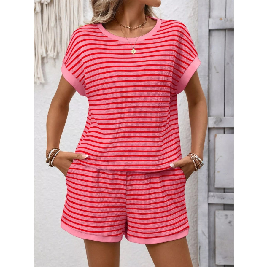 Striped Casual Round Neck Top and Shorts Set Apparel and Accessories