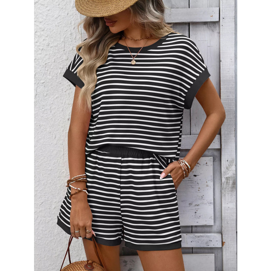 Striped Casual Round Neck Top and Shorts Set Apparel and Accessories