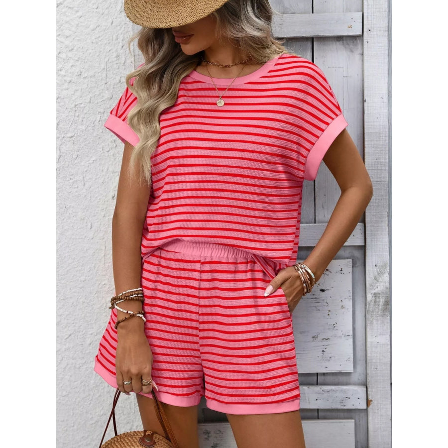 Striped Casual Round Neck Top and Shorts Set Strawberry / S Apparel and Accessories