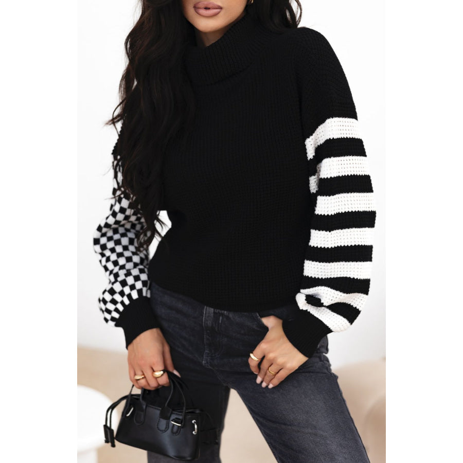 Striped & Checkered Turtleneck Dropped Shoulder Sweater Black / S Apparel and Accessories