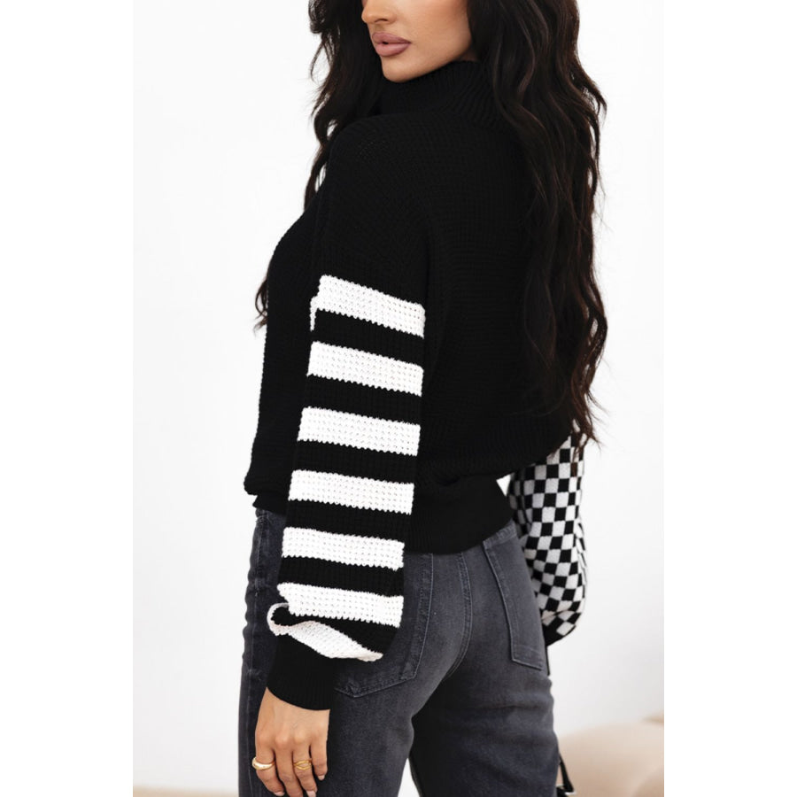 Striped &amp; Checkered Turtleneck Dropped Shoulder Sweater Apparel and Accessories