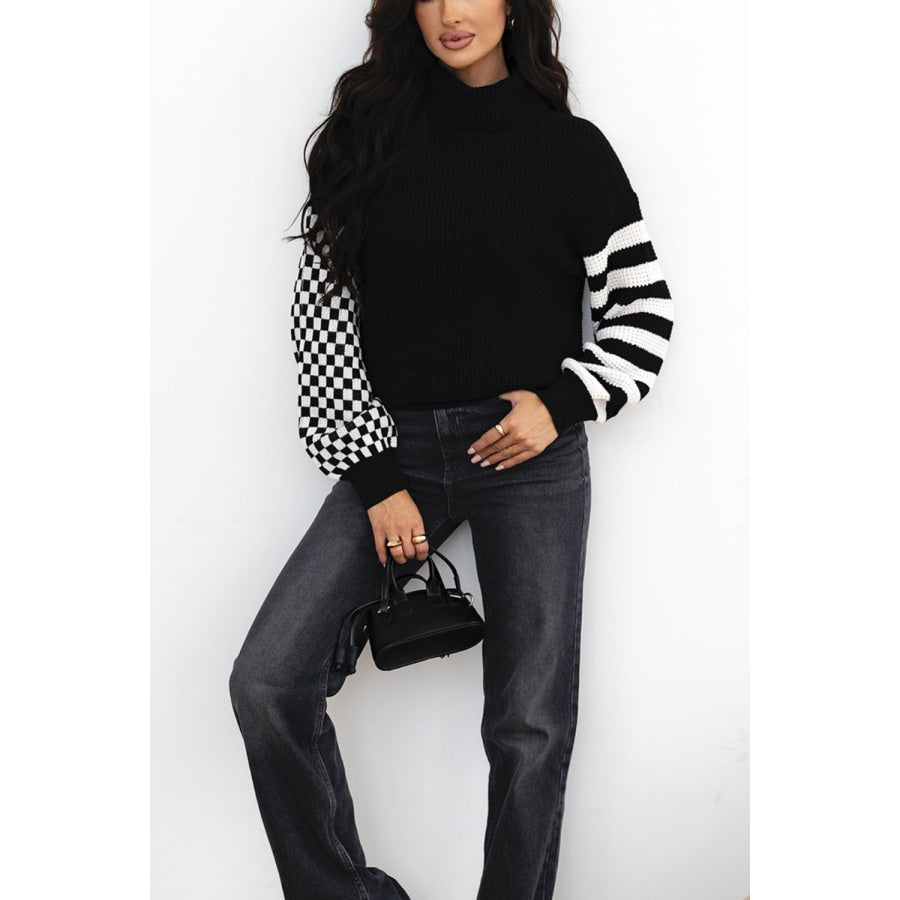 Striped &amp; Checkered Turtleneck Dropped Shoulder Sweater Apparel and Accessories