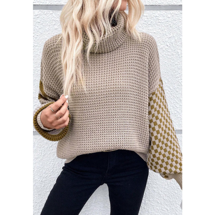 Striped &amp; Checkered Turtleneck Dropped Shoulder Sweater Apparel and Accessories