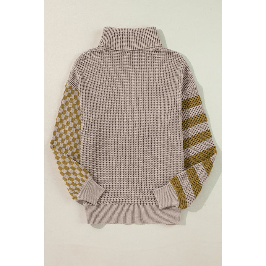 Striped &amp; Checkered Turtleneck Dropped Shoulder Sweater Apparel and Accessories