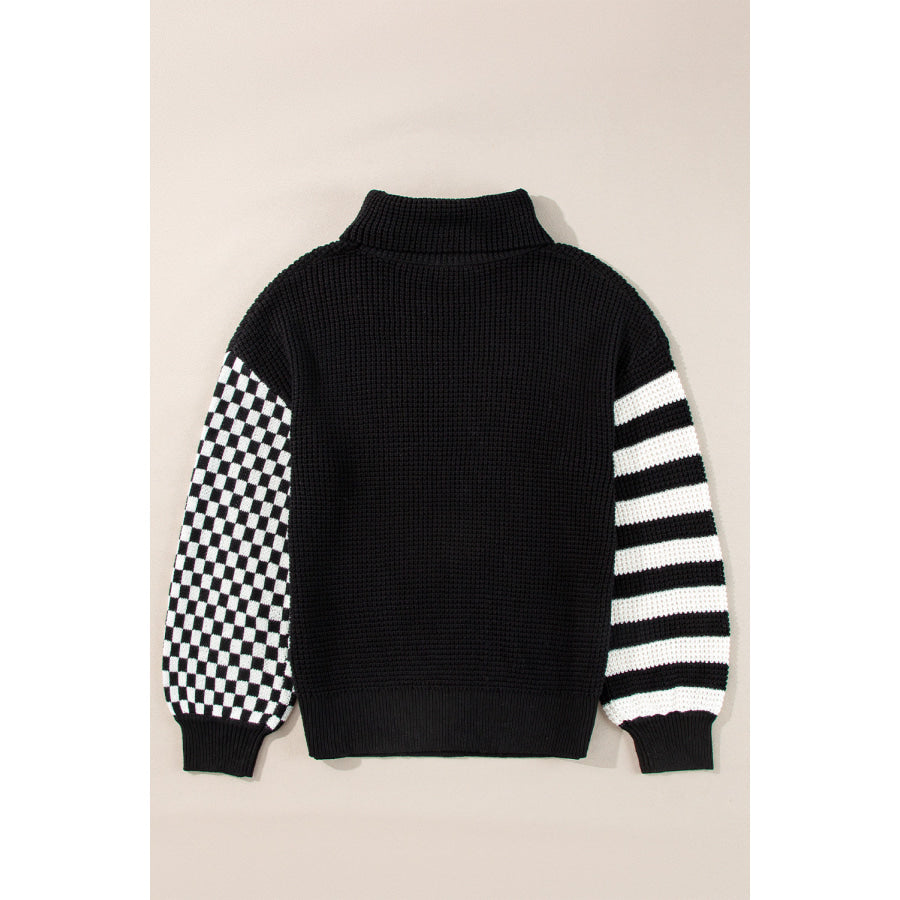 Striped &amp; Checkered Turtleneck Dropped Shoulder Sweater Apparel and Accessories