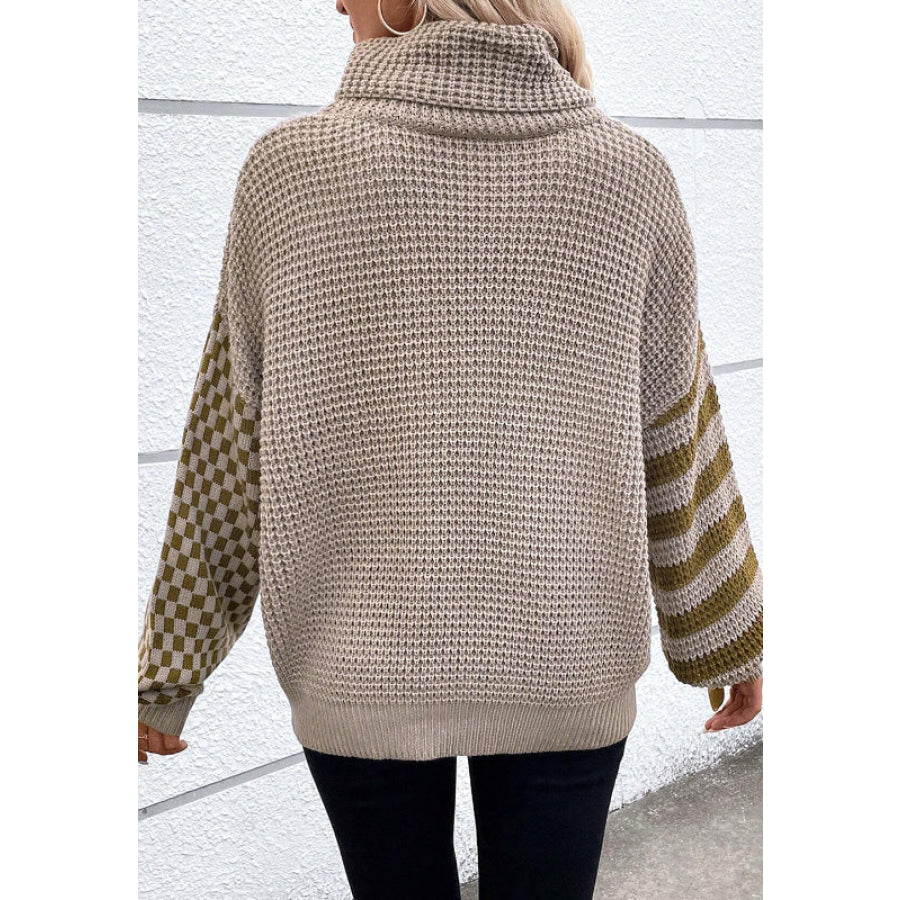 Striped &amp; Checkered Turtleneck Dropped Shoulder Sweater Apparel and Accessories