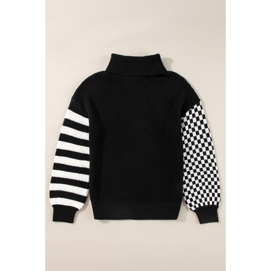 Striped &amp; Checkered Turtleneck Dropped Shoulder Sweater Apparel and Accessories